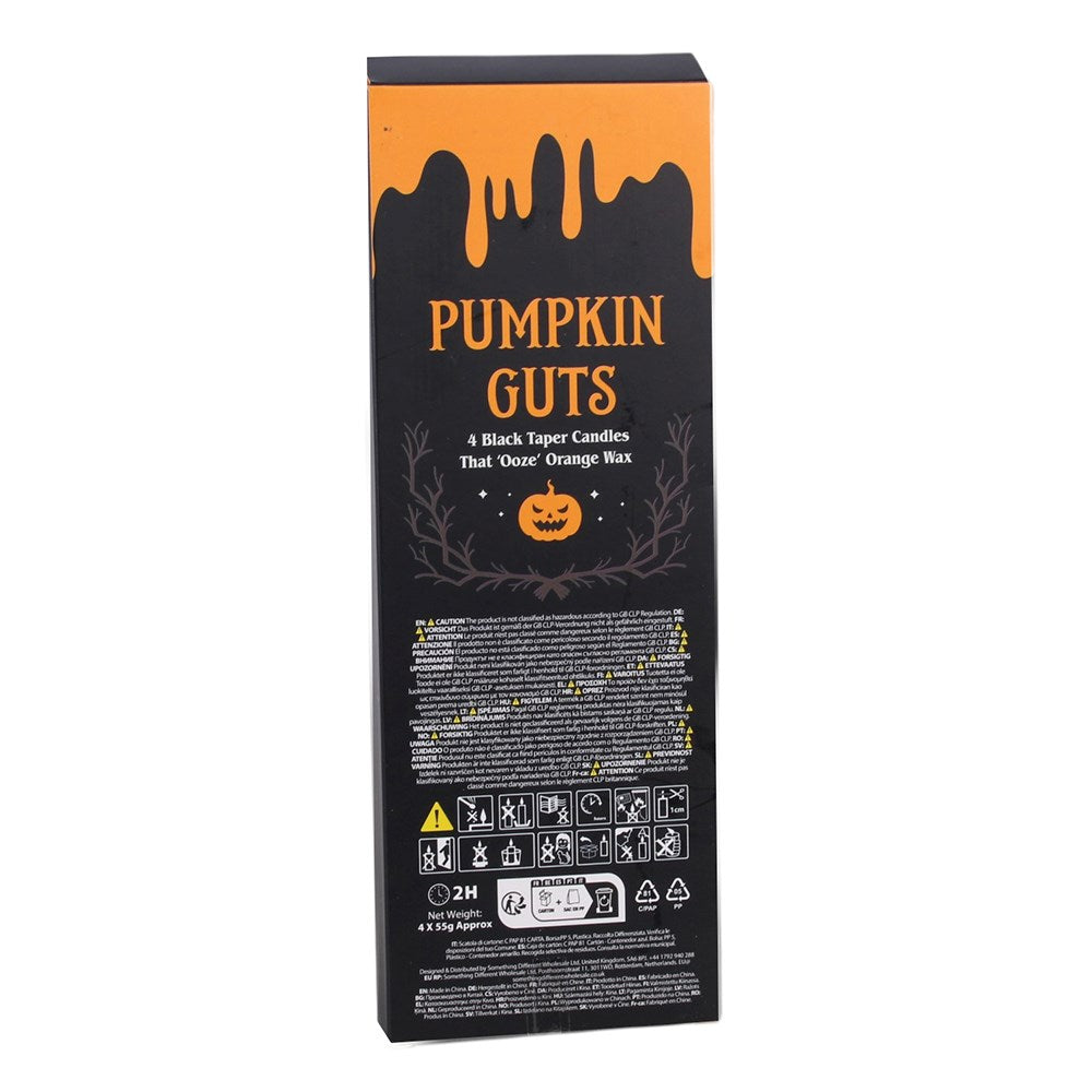 Pumpkin Guts – 4 schwarze Halloween-Kerzen mit herausquellendem orangefarbenem Wachs