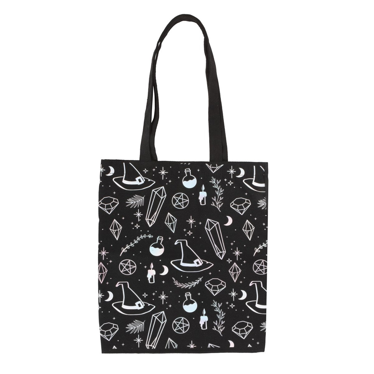 Crystal Witch Tragetasche – schwarze Witchy Tote Bag mit Kristallen & Hexenhüten