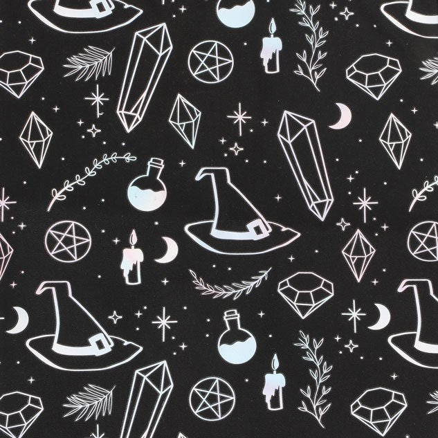 Crystal Witch Tragetasche – schwarze Witchy Tote Bag mit Kristallen & Hexenhüten