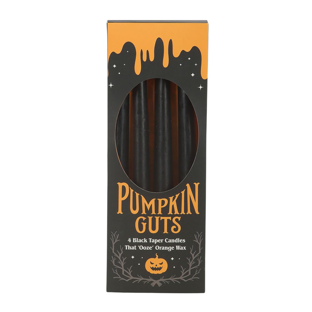 Pumpkin Guts – 4 schwarze Halloween-Kerzen mit herausquellendem orangefarbenem Wachs