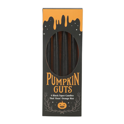 Pumpkin Guts – 4 schwarze Halloween-Kerzen mit herausquellendem orangefarbenem Wachs