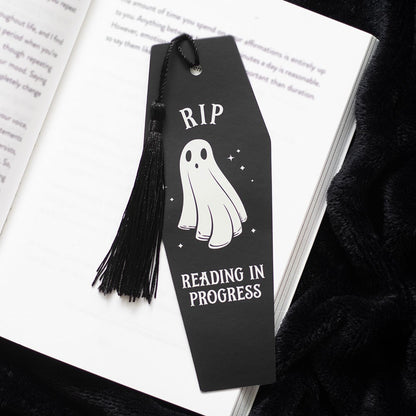 RIP „Reading in Progress“ – schwarzes Gothic-Lesezeichen mit Quaste