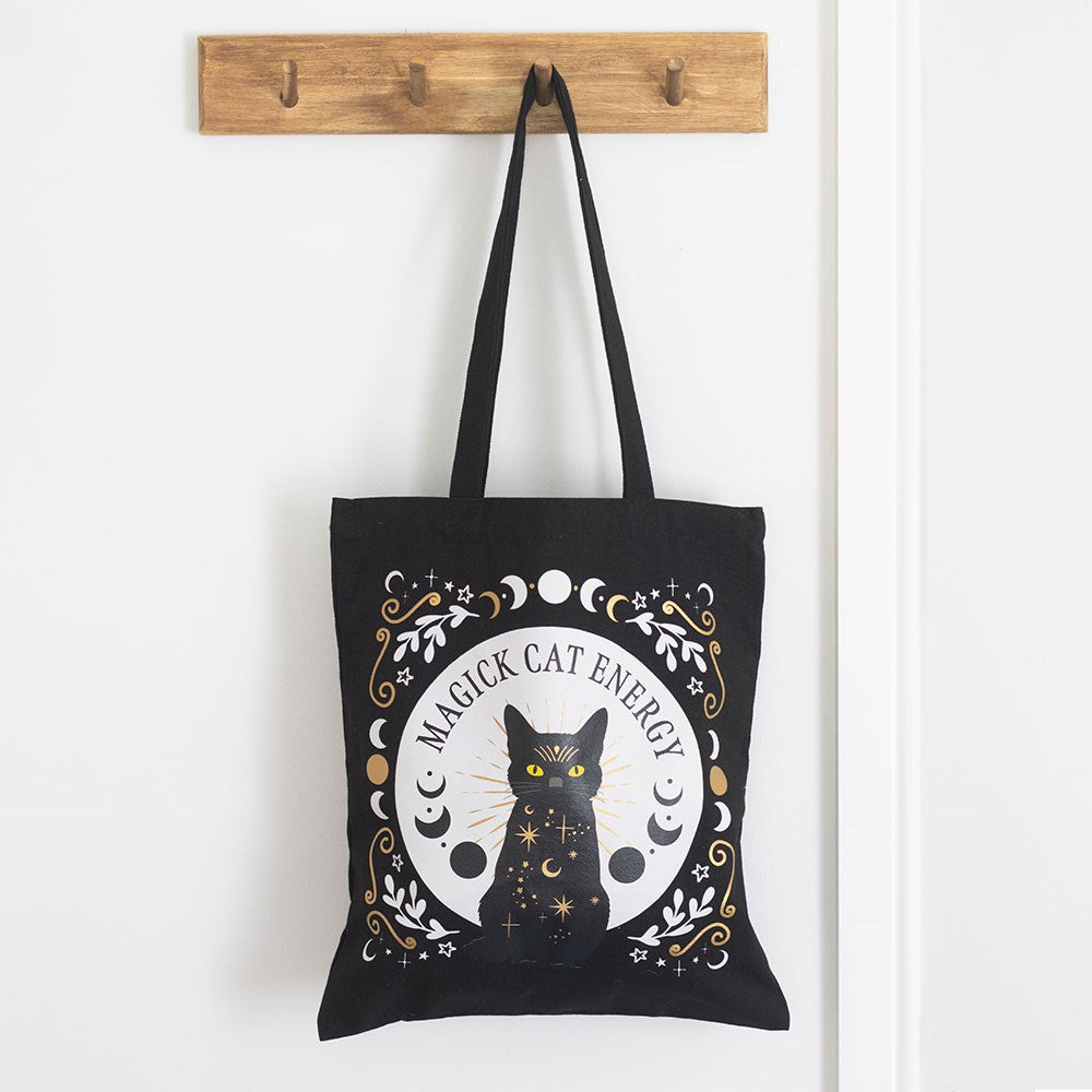 Schwarze Witchy Tragetasche „Black Magick Cat Energy“ – Katze &amp; Mondphasen