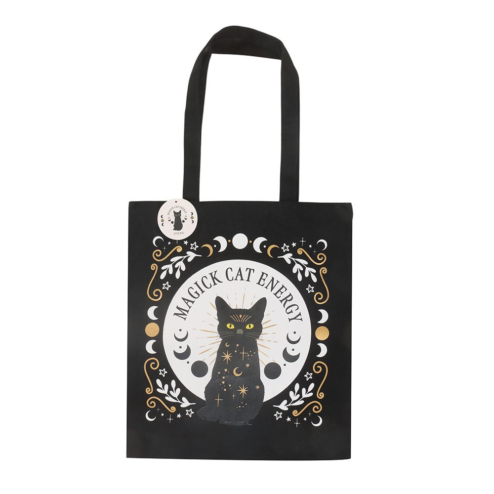 Schwarze Witchy Tragetasche „Black Magick Cat Energy“ – Katze &amp; Mondphasen