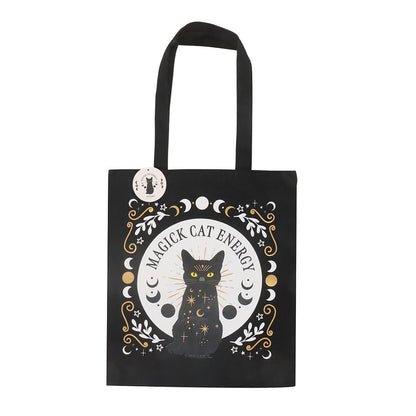 Schwarze Witchy Tragetasche „Black Magick Cat Energy“ – Katze &amp; Mondphasen
