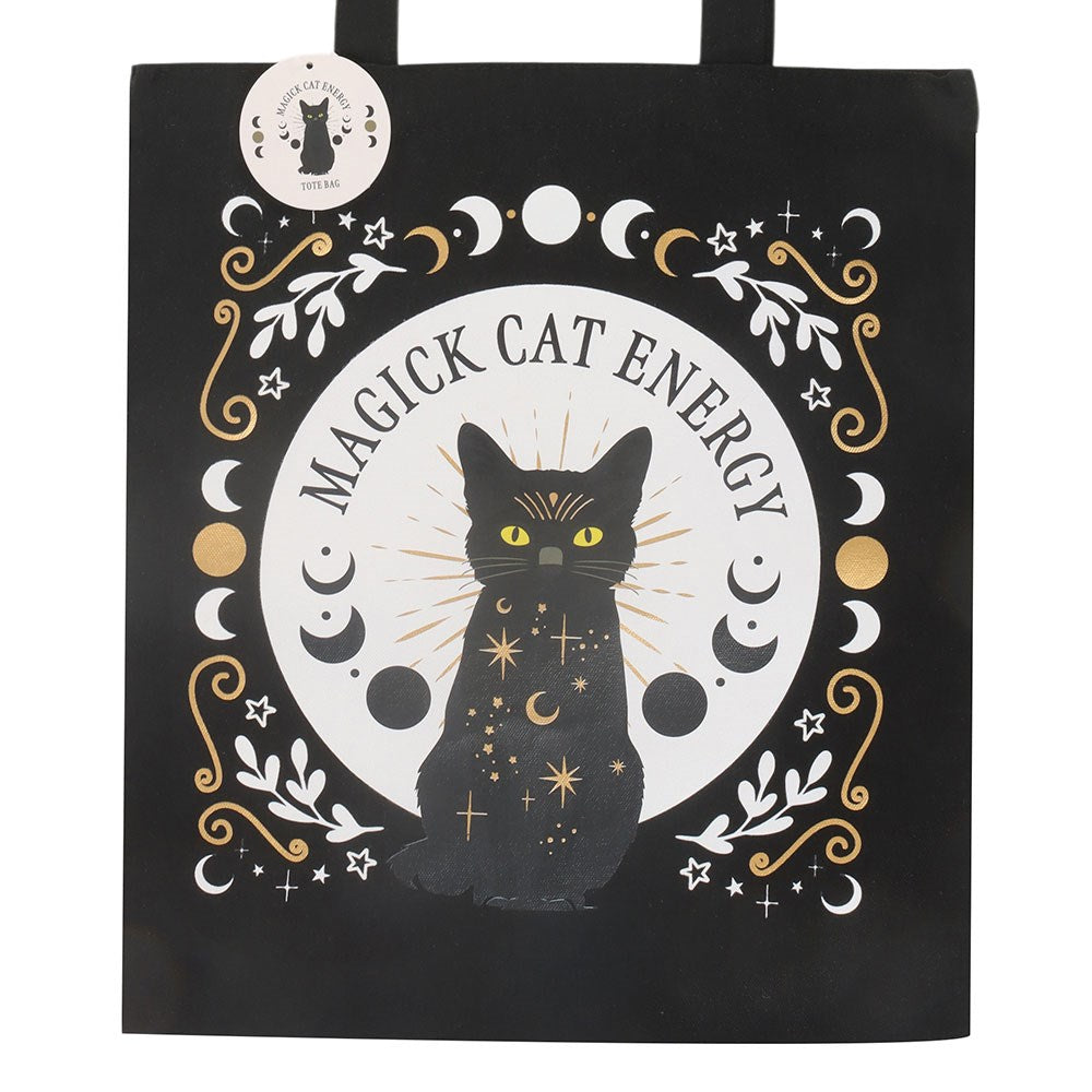 Schwarze Witchy Tragetasche „Black Magick Cat Energy“ – Katze &amp; Mondphasen