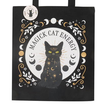 Schwarze Witchy Tragetasche „Black Magick Cat Energy“ – Katze &amp; Mondphasen