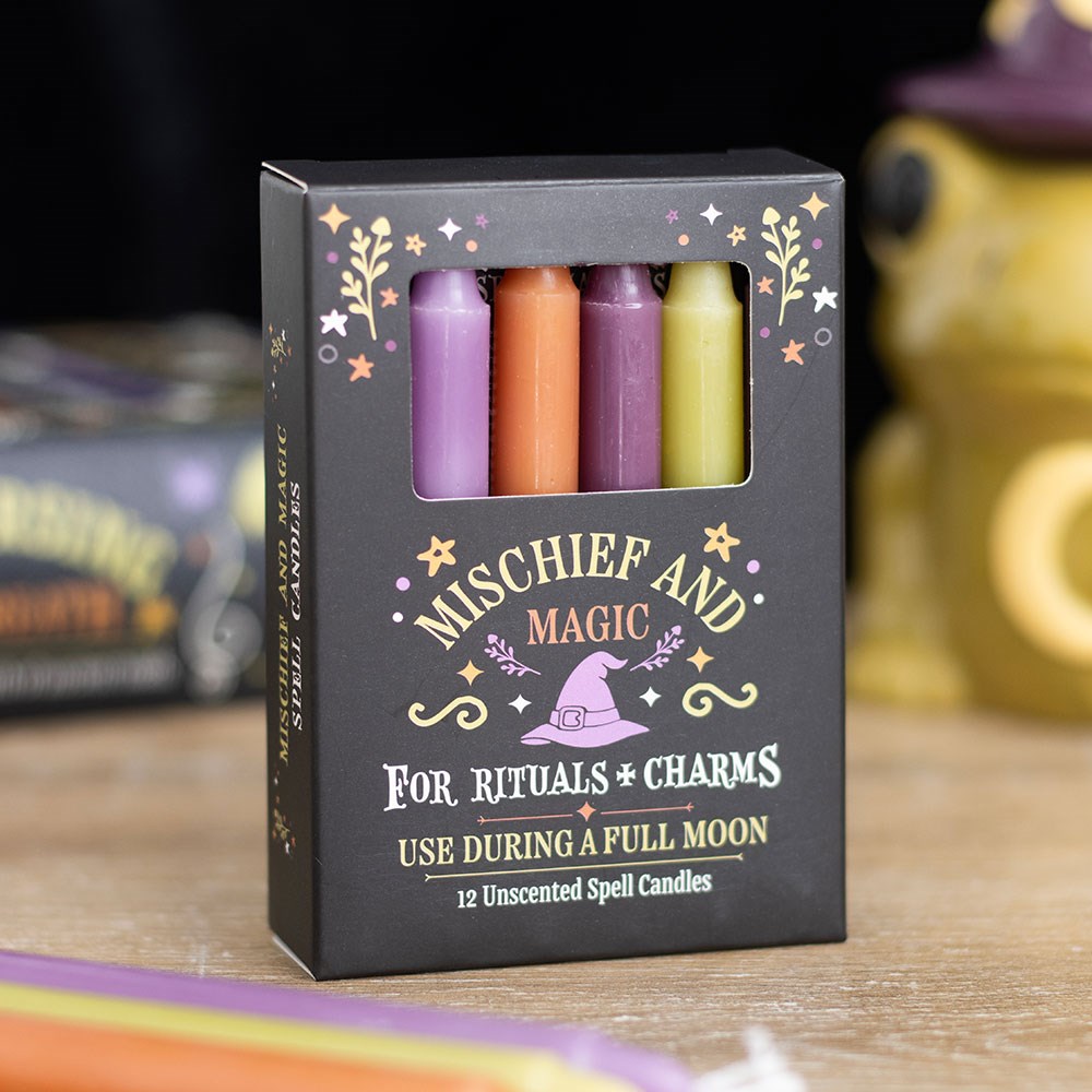 12 Ritualkerzen „Mischief &amp; Magic“ – unbeduftete Spell Candles in verschiedenen Farben