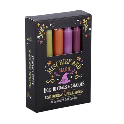 12 Ritualkerzen „Mischief &amp; Magic“ – unbeduftete Spell Candles in verschiedenen Farben