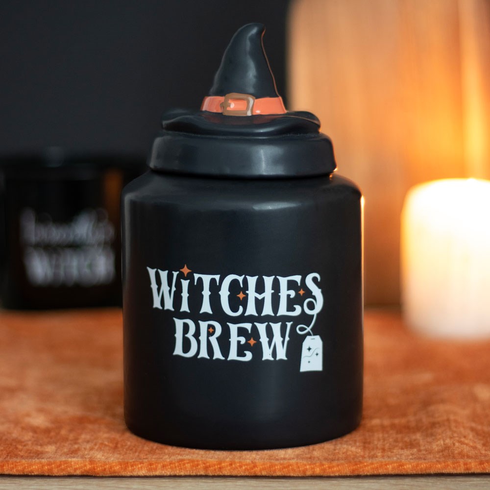 „Witches Brew“ Teedose aus Keramik – schwarze Teebeutel-Aufbewahrung mit Hexenhut