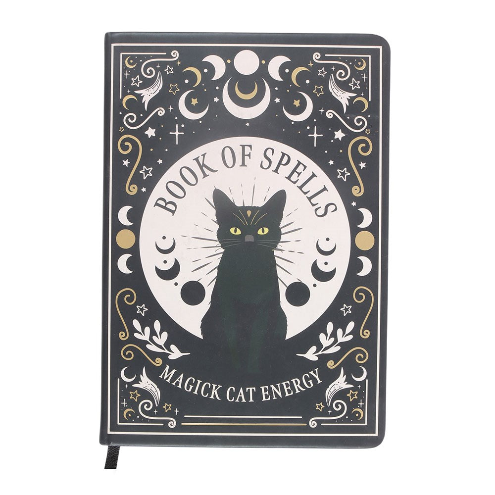 Witchy A5-Notizbuch „Book of Spells“ mit Stift – schwarze Katze &amp; Mondphasen