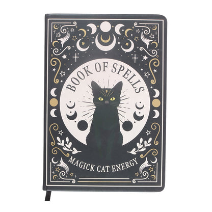Witchy A5-Notizbuch „Book of Spells“ mit Stift – schwarze Katze &amp; Mondphasen