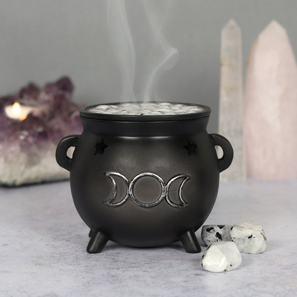Triple Moon Räucherkegelhalter – schwarzer Witchy Kessel aus Resin