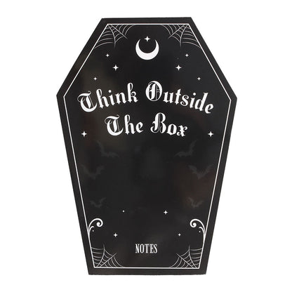 Sargförmiges Notizbuch „Think Outside the Box“ – schwarzes Gothic Journal