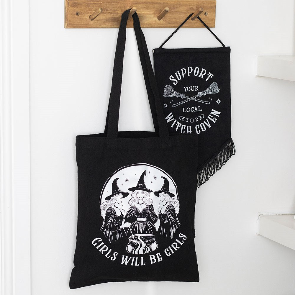 „Girls Will Be Girls“ Witchy Tragetasche – schwarze Hexen-Tote-Bag