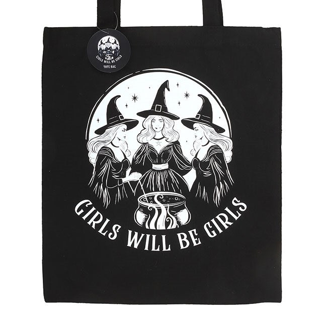 „Girls Will Be Girls“ Witchy Tragetasche – schwarze Hexen-Tote-Bag