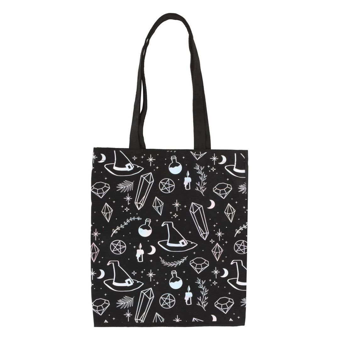 Crystal Witch Tragetasche – schwarze Witchy Tote Bag mit Kristallen &amp; Hexenhüten
