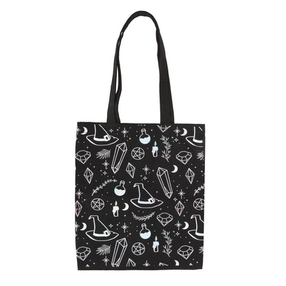 Crystal Witch Tragetasche – schwarze Witchy Tote Bag mit Kristallen &amp; Hexenhüten
